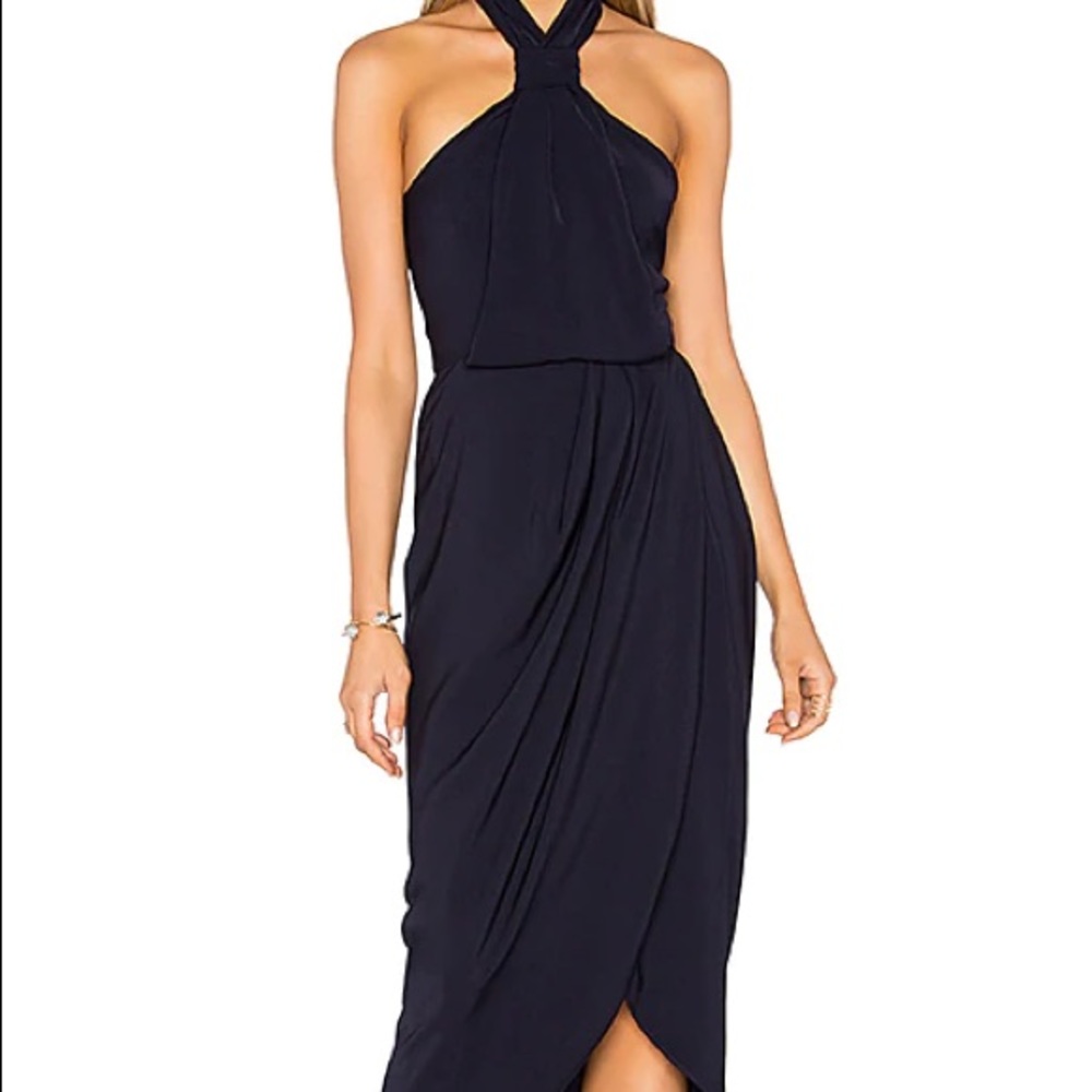 Shona Joy Navy Knot Draped Halter Dress NWT